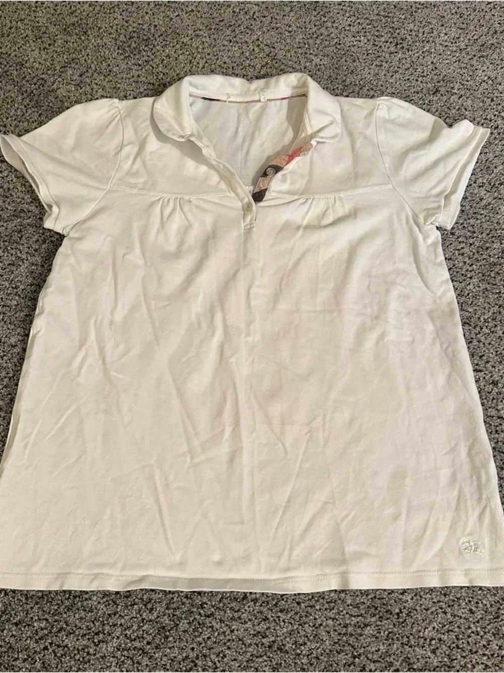 BURBERRY Girls 14 L White Puff Sleeve Polo Shirt Plaid In Collar Pleats R $295